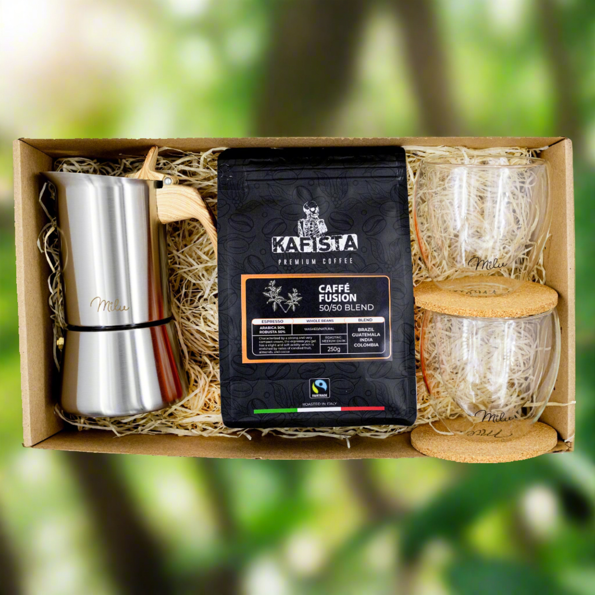 Moka 2 - Dárkový balíček s kávou Kafista a moka konvičkou - zrnková káva pražená v Itálii