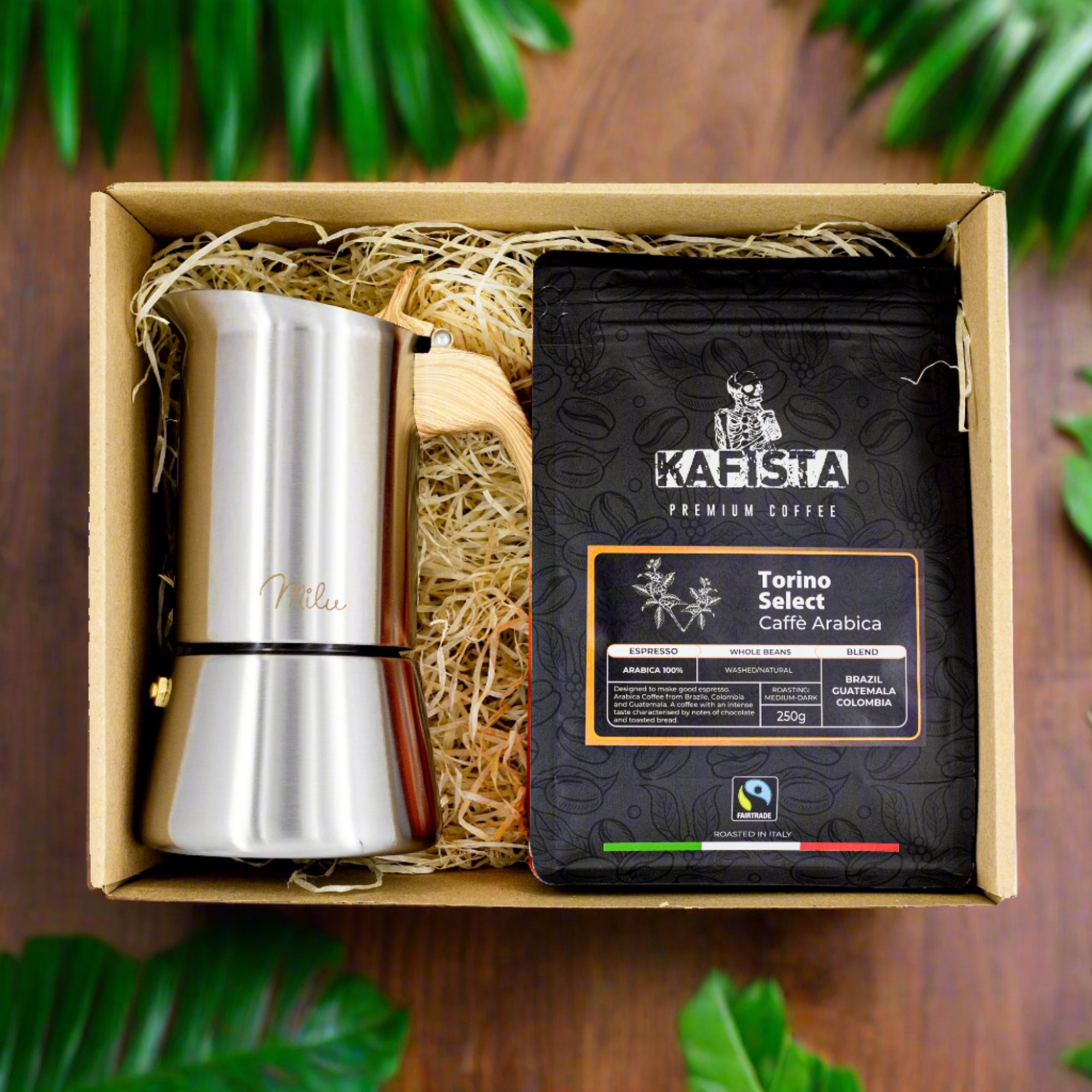Kafista Moka 1 - Dárkový balíček s kávou a moka konvičkou (zrnková káva)
