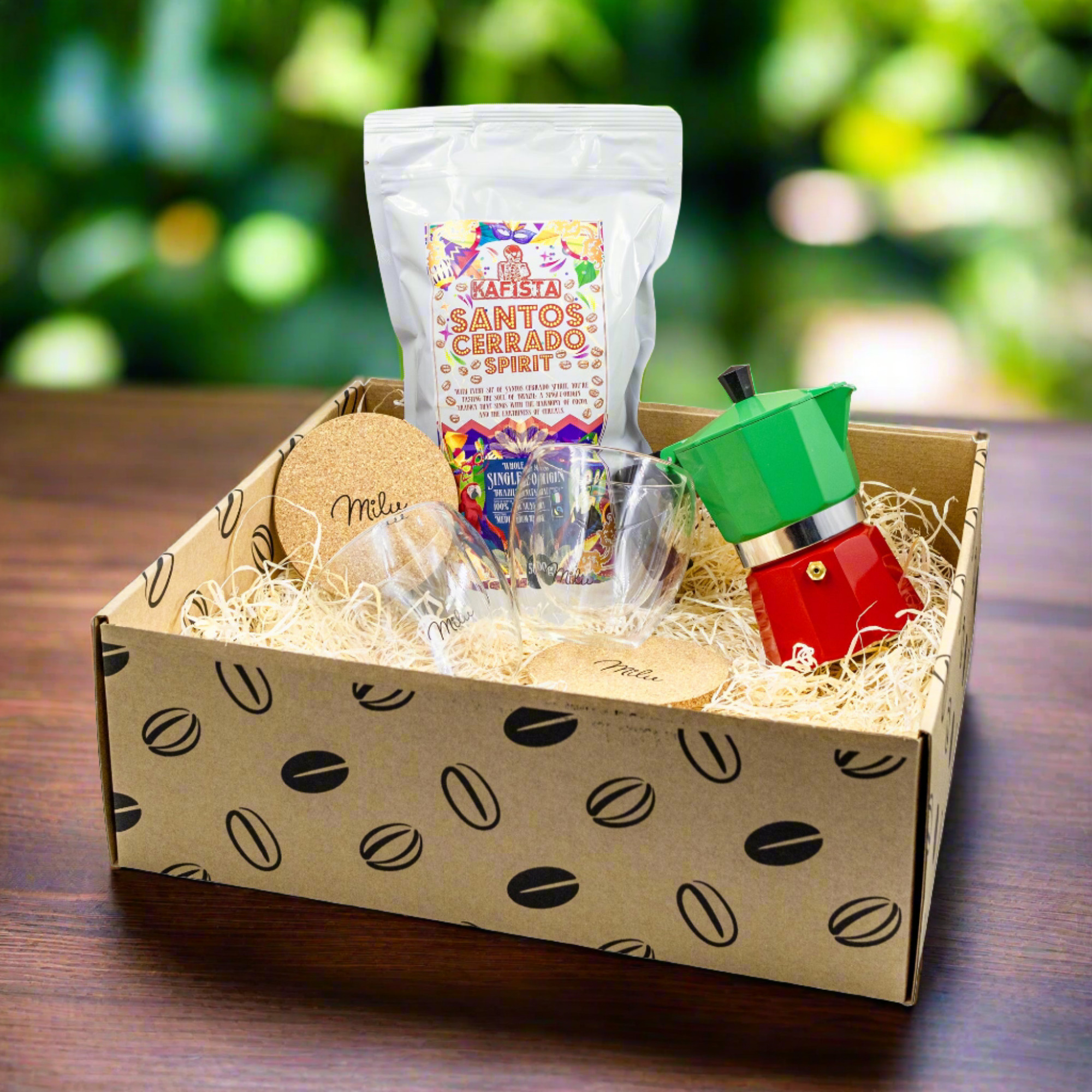 Gift Box 2 - Dárkový balíček s kávou Kafista, sadou termosklenic a Italy moka konvičkou - zrnková káva pražená v Itálii
