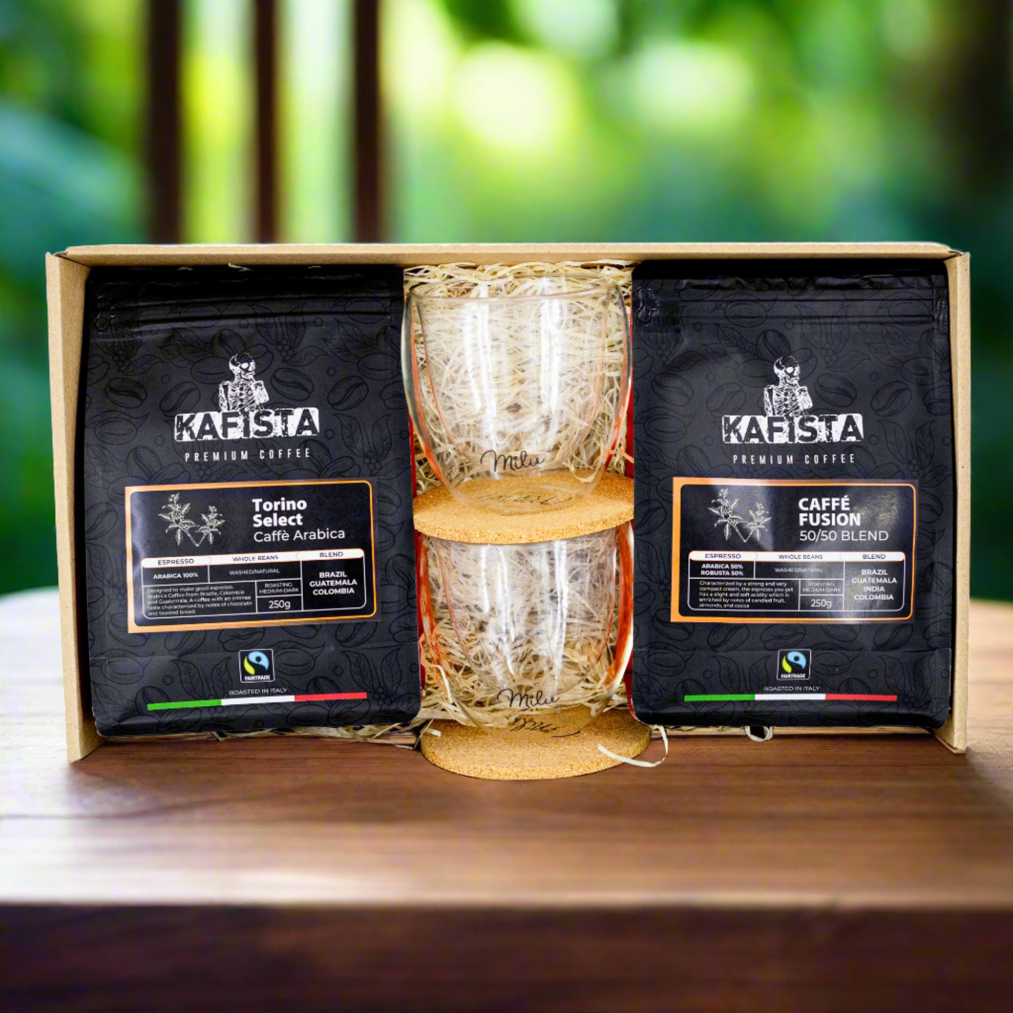 Coffee Box 2 - Dárkový balíček s kávou Kafista a sadou termosklenic - zrnková káva pražená v Itálii
