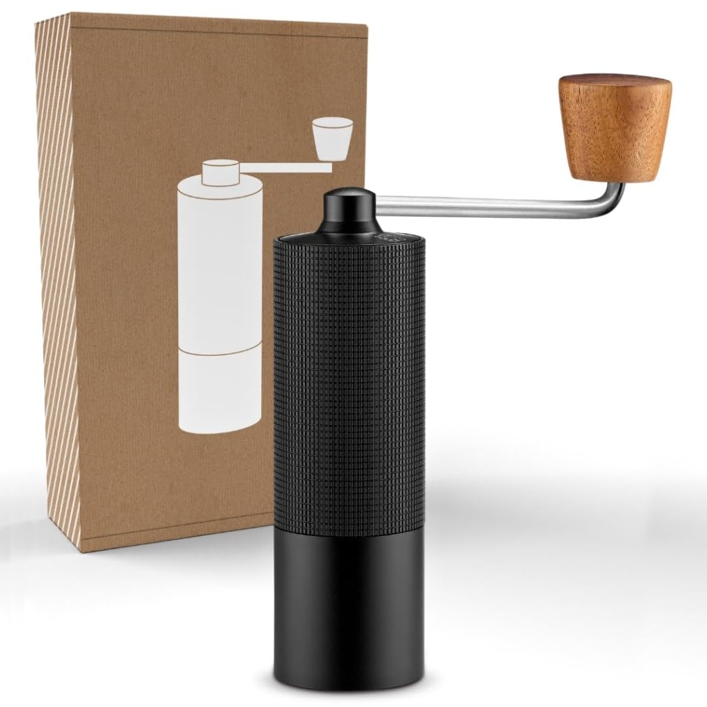 Lambda Coffee® PRO Mlýnek na kávu z nerezové konstrukce a dřevěným madlem. Přesné nastavení stupně mletí