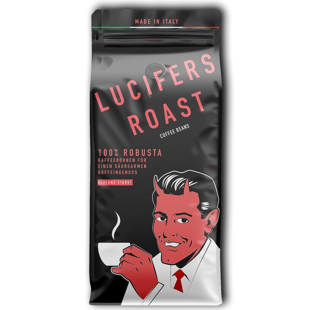 KIQO LUCIFER ROAST Zrnková káva LUCIFERS ROAST velmi silná káva s nízkou kyselostí 500g, 100% Robusta