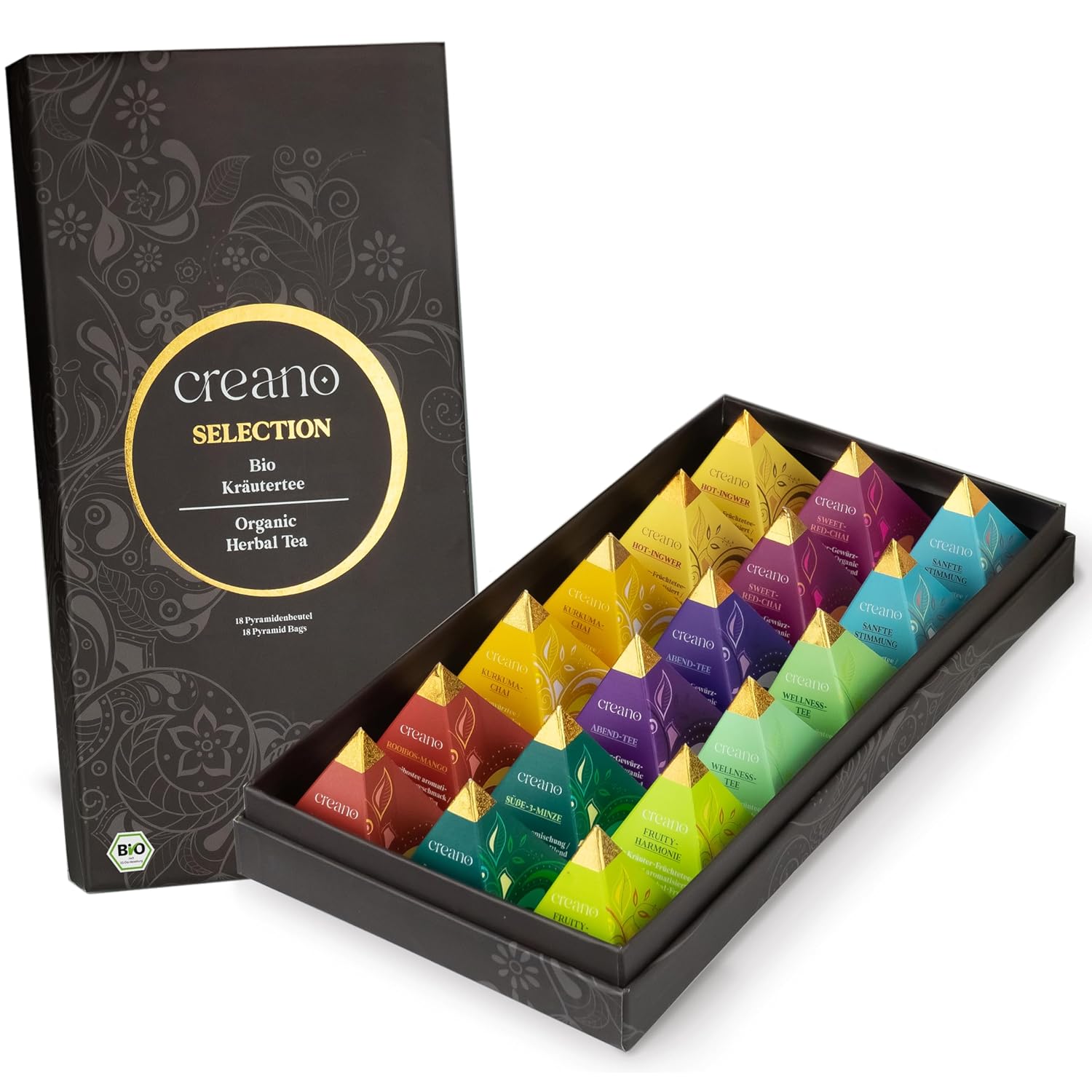 Creano BIO bylinný čaj – dárková sada 18 pyramidových sáčků / 9 příchutí (45 g)