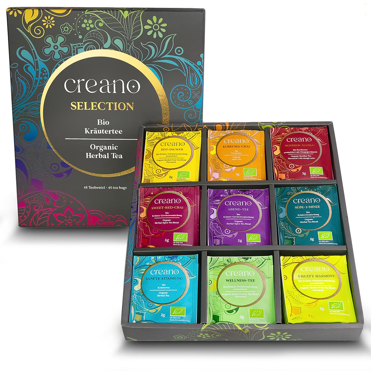 Creano BIO bylinný čaj – sada Grey 45 sáčků / 9 druhů (90 g) (dárkové balení)