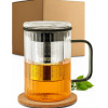 Skleněný hrnek na čaj 450 ml s nerezovým sítkem, víčkem a korkovým podtáckem