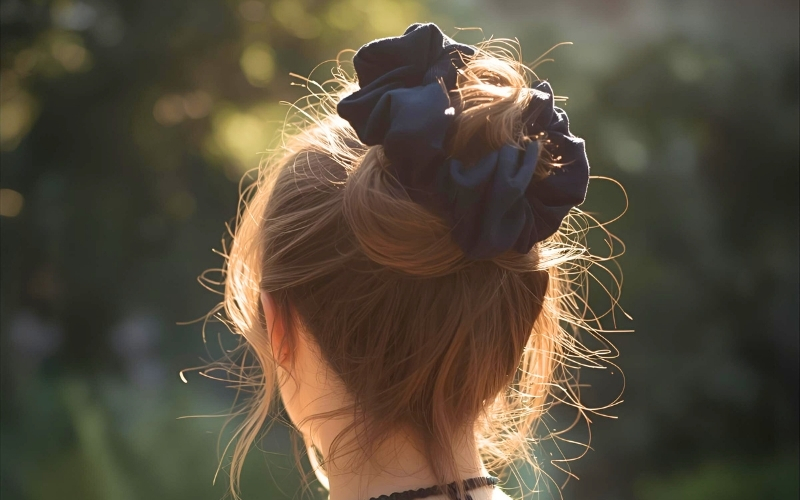 Modrá scrunchie na drdolu - stylingový tip