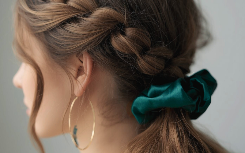 Zelená scrunchie gumička v detailu