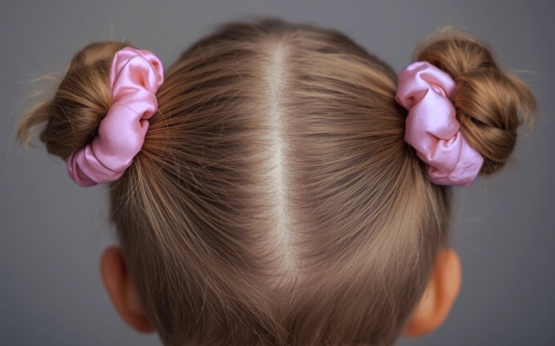 Růžová mini scrunchie na vlasech - stylingový tip