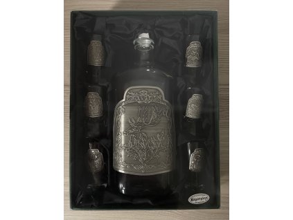 Sada s cínovou etiketou pohárikov s fľašou