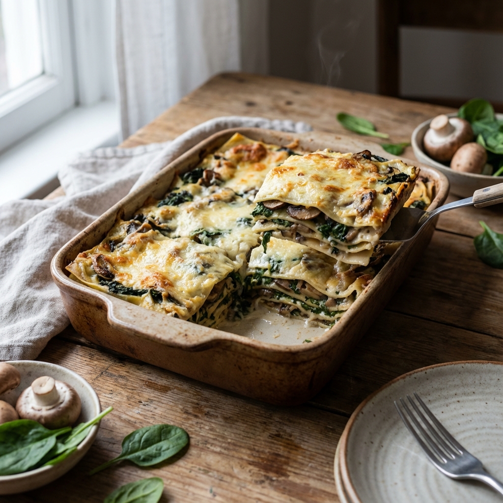 Špenátové lasagne se žampióny