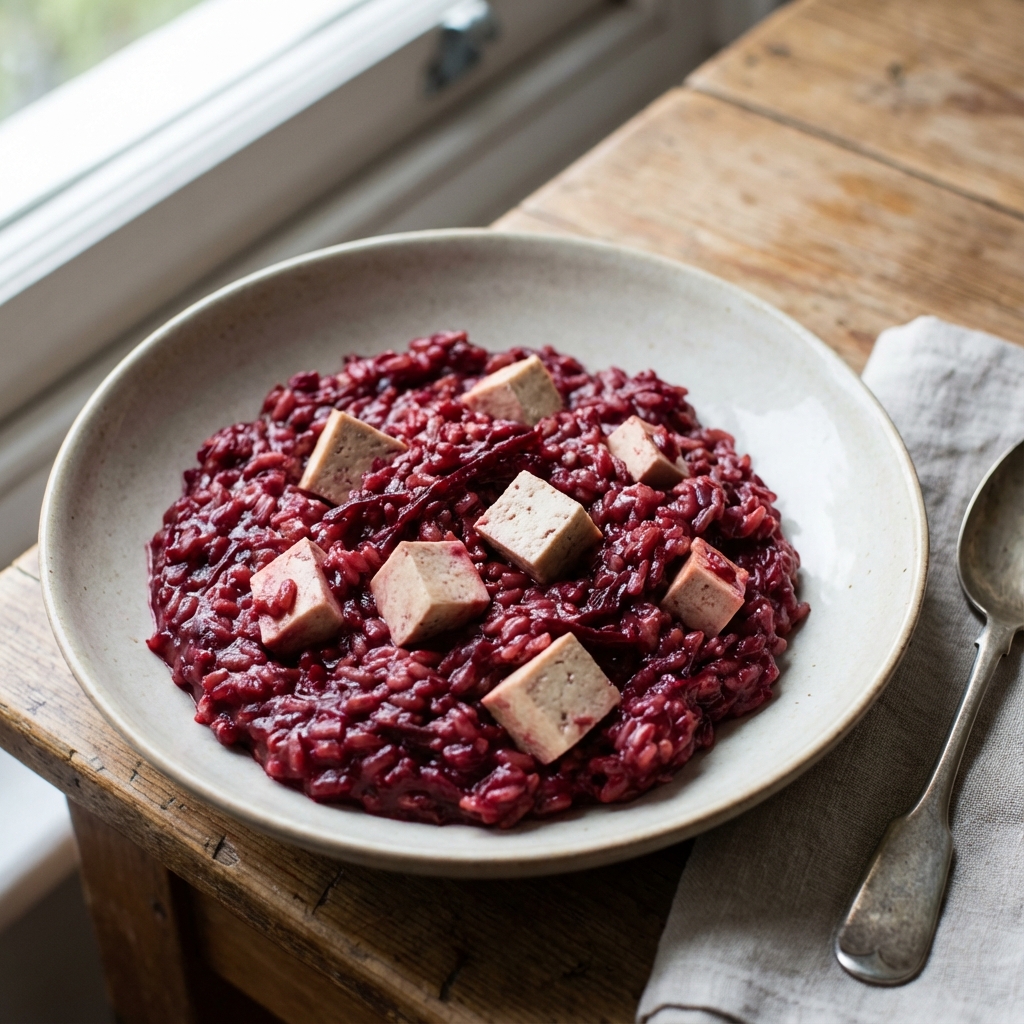 Krémové rizoto z červené řepy s tofu kousky