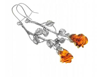 Strieborné náušnice ruže s jantárom 59 mm VYPR