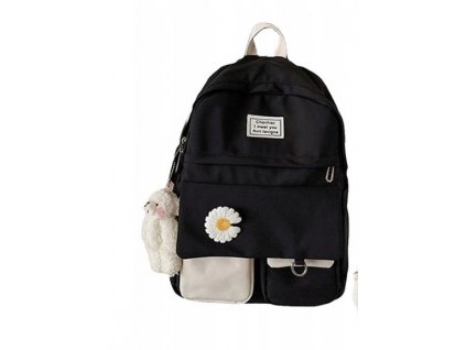 Školská taška - batoh s kvetom a príveskom ČIERNY