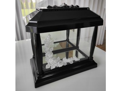 Lampáš/sklenený kahanec na hrob s bielou ružou ČIERNY VYPR