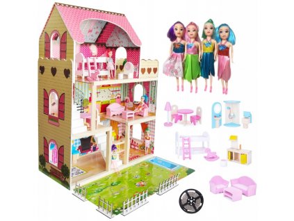 DUZY DREWNIANY DOMEK DLA LALEK MEBLE LALKI LED