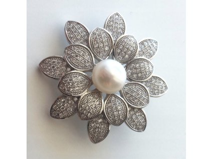Srebrna broszka z bialymi cyrkoniami i perelka