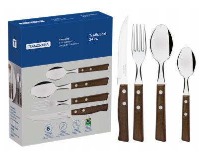 Súprava príborov s rukoväťami z prírodného dreva 24 ks