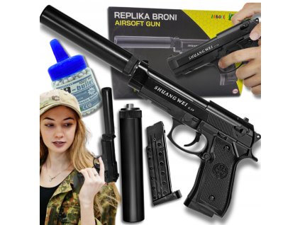 Kovová pištoľ na plastové gule s tlmičom + 1000 guličiek VYPR