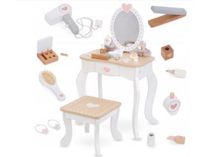 Drevený toaletný stolík s taburetom a doplnkami