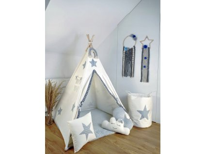 Detský domček, detský stan - Teepee pre deti krémové / svetlošedé + 3 vankúše_0