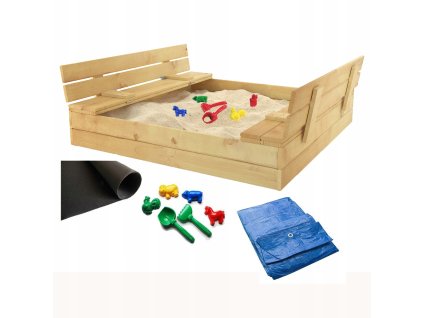 Detské pieskovisko - Drevené pieskovisko a lavičky 120X120 + ZDARMA_0