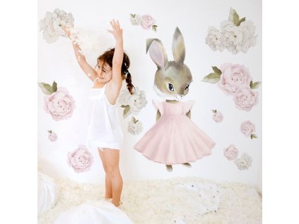 PASTEL RABBIT PEONIES NÁLEPKY NA STENU_0