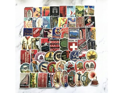 NÁLEPKY HOTELY RETRO 55szt NOTEBOOK, KUFOR, MOTORKA_0