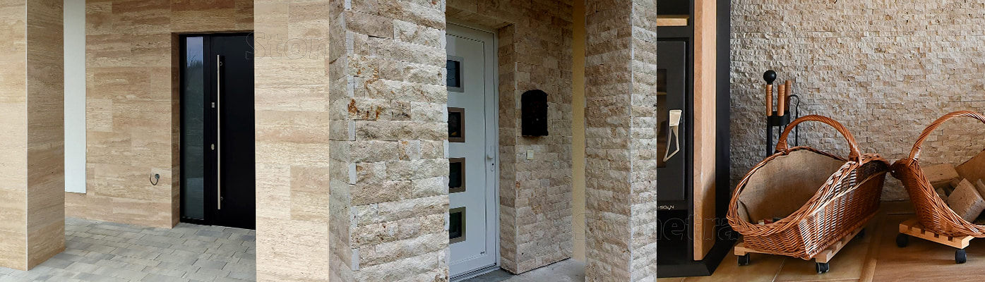 Obklad na stenu z prírodného kameňa - aplikácia pri vchodových dverách, mozaika pri krbe.