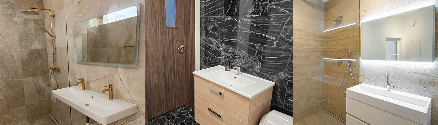 Obklady do kúpelne z prírodného kameňa - rôzne kombinácie obkladov s bielou sanitou