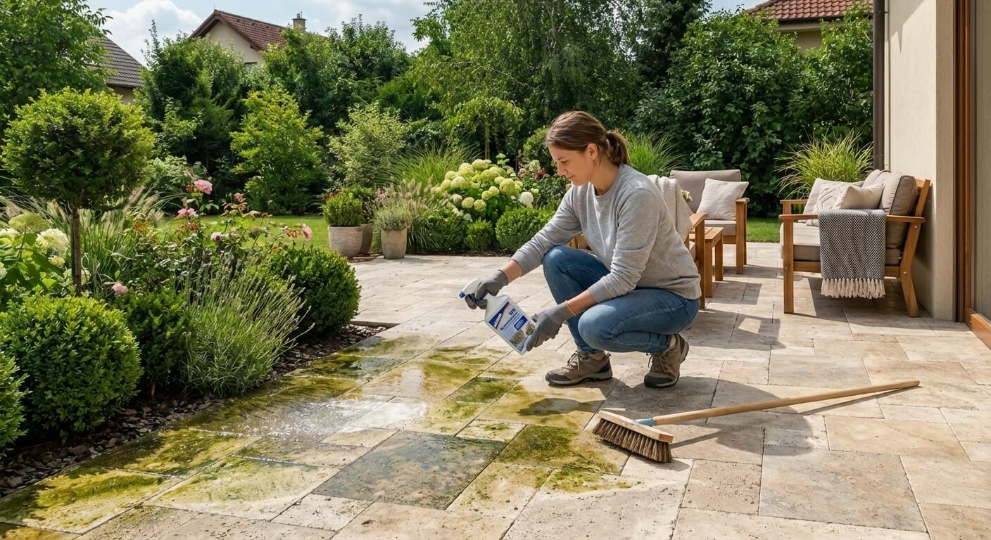 Odstraňování zelených povlaků a zašlých map z venkovní terasy