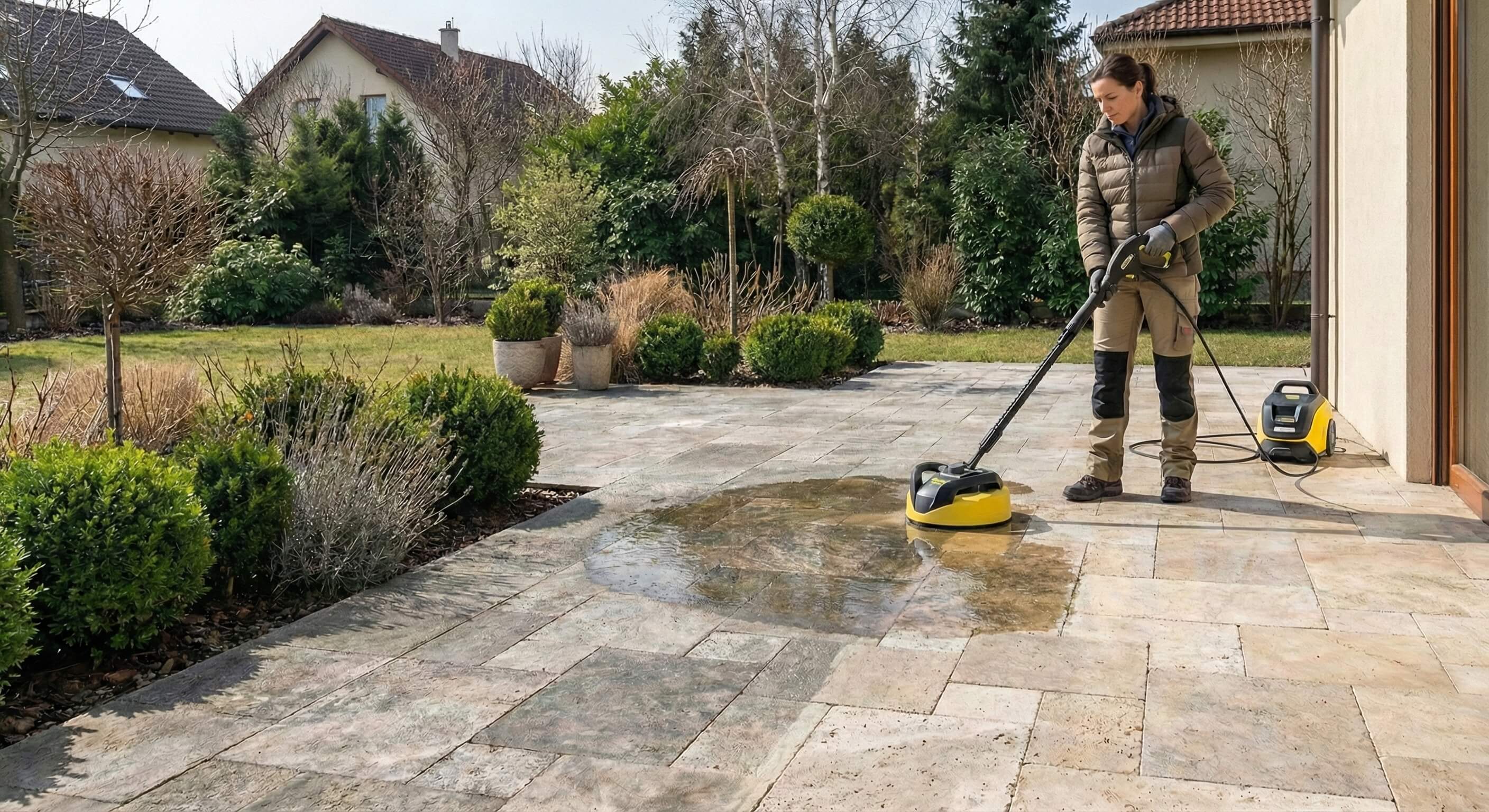 Čištění terasy po zimě a odstranění povrchových nečistot