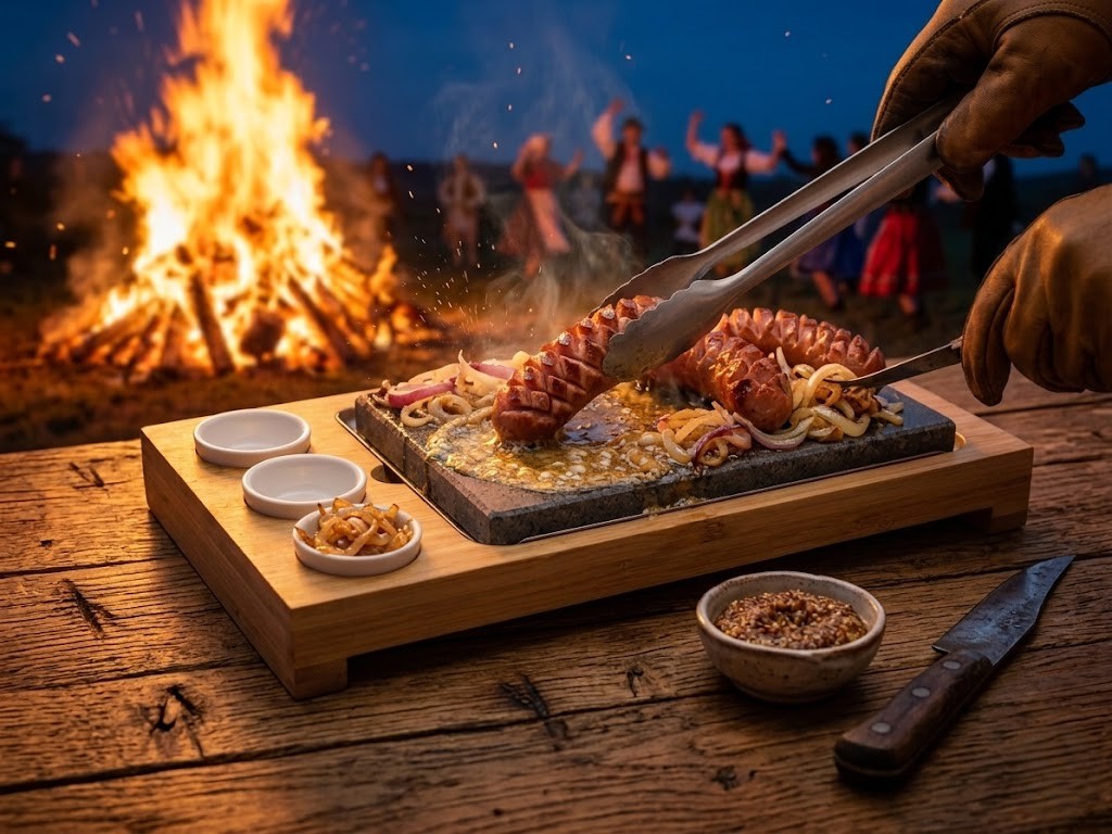 Sizzling špekáčky and onion