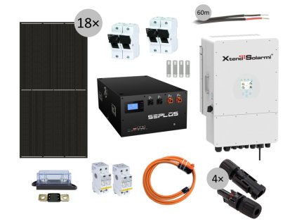 Solarmi HG8000M solární elektrárna: 14,3kWh LiFePO4, 8kW hybridní měnič s limiterem, 18x solární panel (8,64kWp)