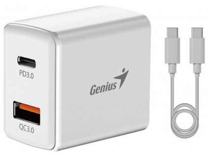 GENIUS rychlonabíjecí set PD-20ACP, 20W, rychlé nabíjení, USB-C PD3.0, USB-A QC3.0, 1m kabel USB-C USB-C, bílá