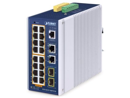 Planet IGS-4215-16P2T2S průmyslový L2 switch, 18x 1Gb, 2x1Gb SFP, 16x PoE 802.3at 320W, 48~54VDC, IP30