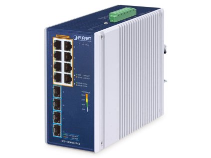 Planet IGS-1000-8UP4X průmyslový L2 switch, 8x1Gb, 4x10Gb SFP+,8x PoE 802.3bt 240W, -40~75°C, dual 48-54VDC,IP30,fanless
