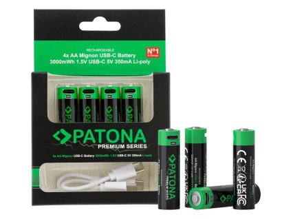 PATONA nabíjecí baterie AA/LR6 Li-Pol 2000mAh 1,5V s USB-C nabíjením, 4ks v balení