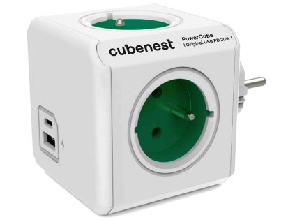 Cubenest Powercube Original USB PD 20W, A+C, 4× zásuvka, bílá/zelená, dětská pojistka, uzemnění, max. 16A/250V~3680W