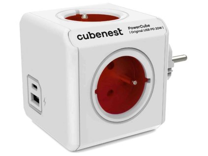 Cubenest Powercube Original USB PD 20W, A+C, 4× zásuvka, bílá/červená, dětská pojistka, uzemnění, max. 16A/250V~3680W