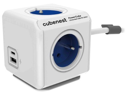 Cubenest Powercube Extended USB PD 20W, A+C, 4× zásuvka, 1,5m, bílá/modrá, dětská pojistka, uzemnění, dok, 10A/250V
