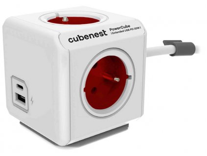 Cubenest Powercube Extended USB PD 20W, A+C, 4× zásuvka, 1,5m, bílá/červená, dětská pojistka, uzemnění, dok, 10A/250V