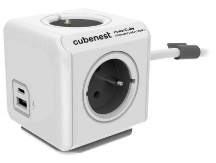 Cubenest Powercube Extended USB PD 20W, A+C, 4× zásuvka, 1,5m, bílá/šedá,  dětská pojistka, uzemnění, dok, 10A/250V