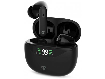 NEDIS bezdrátová sluchátka + mikrofon/ TWS/ BT/ výdrž 30 hod/ 100 dB/ ovládání dotykem/ nabíjecí pouzdro/ USB-C/ černé