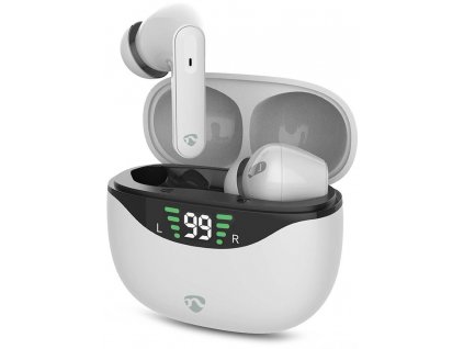NEDIS bezdrátová sluchátka + mikrofon/ TWS/ BT/ výdrž 30 hod/ 100 dB/ ovládání dotykem/ nabíjecí pouzdro/ USB-C/ bílé