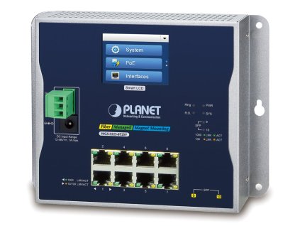 Planet WGS-5225-8T2SV plochý L3 switch, 8x1Gb, 2x2.5Gb SFP, 12-48VDC/24VAC, -20~70°C, IP30, fanless, touch LCD