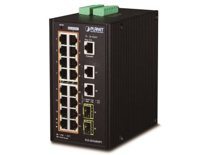 Planet IGS-20160HPT L3 switch, 18x1Gb, 2x2.5Gb SFP, 16x PoE 802.3at 320W, dual 48-56VDC, -40~75°C, IP30