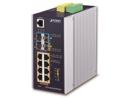 Planet IGS-6325-8UP2S2X průmyslový L3 switch, 8x1Gb, 2x2.5Gb SFP, 2x10Gb SFP+, 90/360W, 48-54VDC, -40~75°C, fanless