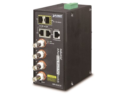 Planet LRP-422CST, průmysl.COAX PoE switch, 4x 100Base-TX, 2x SFP/TP, IEEE802.3at,Web/SNMPv3, -40~75°C,IP30