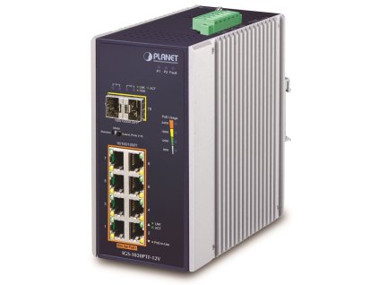 Planet IGS-1020PTF-12V Průmyslový L2 PoE switch, 8x1Gb + 2xSFP, 802.3at 30/240W, IP30, -40~+75°C, 12-56VDC