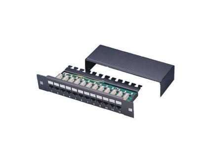 XtendLan Patch panel 10", 12 portů, 1U, Cat5e, STP, LSA, s krytem, vodorovné umístění konektorů, zemnič, černý